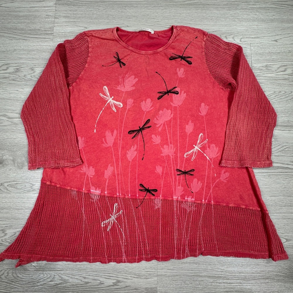 Jess & Jane Women's‎ Tunic Top Red Large Dragonfly Floral Waffle Knit Hem